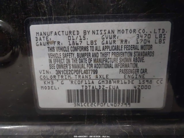 Продаж на аукціоні авто 2015 Nissan Versa Note S (sr)/s Plus/sl/sr/sv, vin: 3N1CE2CP0FL407799, номер лоту: 46082951