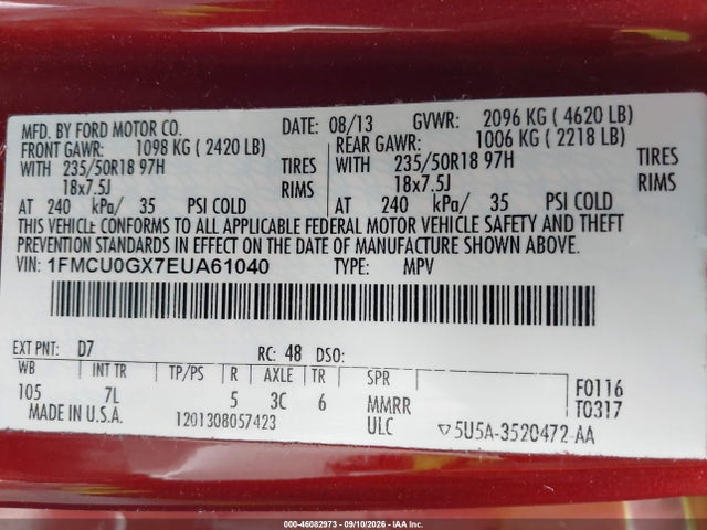 Ford ESCAPE SE 2014 1FMCU0GX7EUA61040 Image 9