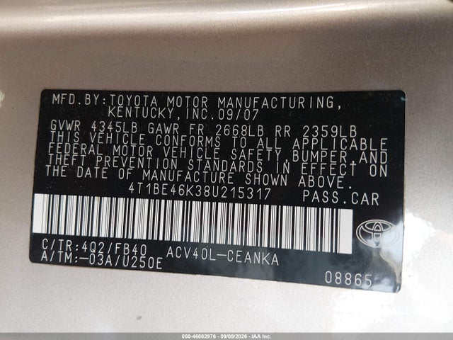 Aukcja sprzedaży 2008 Toyota Camry, vin: 4T1BE46K38U215317, numer aukcji: 46082976