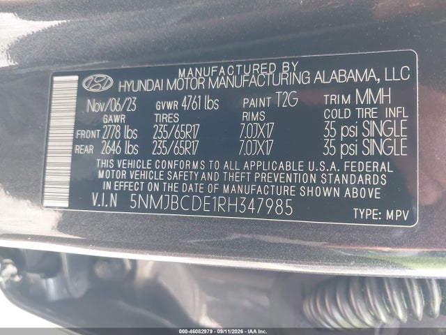 Aukcja sprzedaży 2024 Hyundai Tucson Sel, vin: 5NMJBCDE1RH347985, numer aukcji: 46082979
