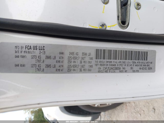 46082991 :رقم المزاد ، 1C4PJMLB4KD398390 vin ، 2019 Jeep Cherokee Latitude Plus 4x4 مزاد بيع