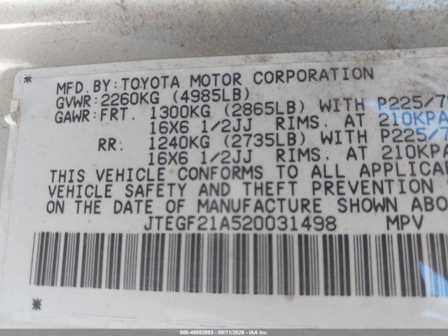 46082993 :رقم المزاد ، JTEGF21A520031498 vin ، 2002 Toyota Highlander V6 مزاد بيع