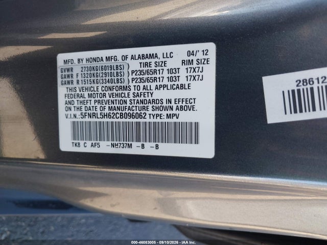 46083005 :رقم المزاد ، 5FNRL5H62CB096062 vin ، 2012 Honda Odyssey Ex-l مزاد بيع
