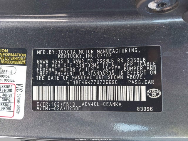 Aukcja sprzedaży 2007 Toyota Camry Le, vin: 4T1BE46K77U726690, numer aukcji: 46083011