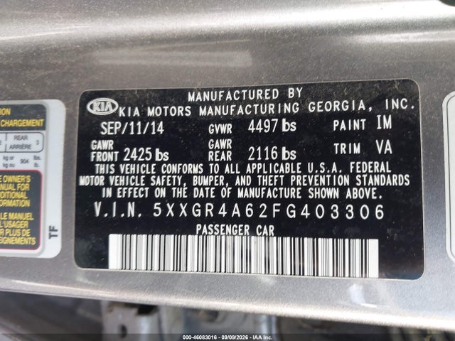 46083016 :رقم المزاد ، 5XXGR4A62FG403306 vin ، 2015 Kia Optima Sx Turbo مزاد بيع