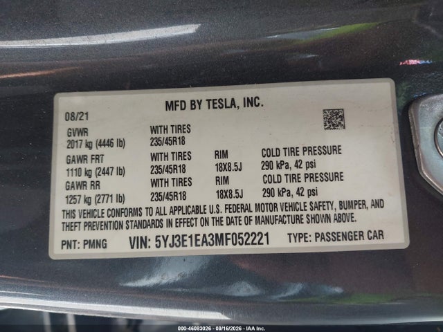 Tesla Model 3 Standard Range Plus Rear-wheel Drive 2021 5YJ3E1EA3MF052221 Image 9