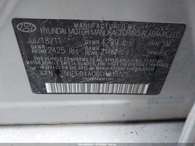 46083029 :رقم المزاد ، 5NPEB4AC6CH335125 vin ، 2012 Hyundai Sonata Gls مزاد بيع