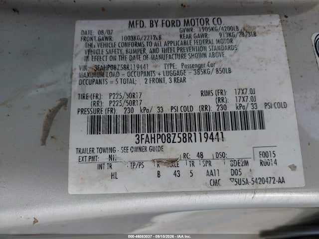 Aukcja sprzedaży 2008 Ford Fusion Sel, vin: 3FAHP08Z58R119441, numer aukcji: 46083037