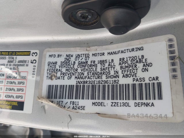 Продаж на аукціоні авто 2008 Toyota Corolla Le, vin: 1NXBR32E18Z961182, номер лоту: 46083045