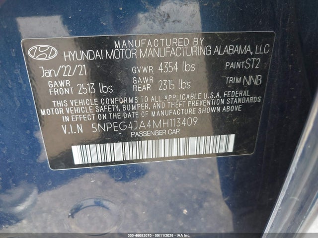 Продажа на аукционе авто 2021 Hyundai Sonata Se, vin: 5NPEG4JA4MH113409, номер лота: 46083070