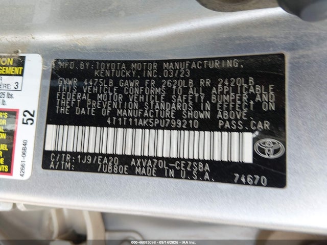 46083098 :رقم المزاد ، 4T1T11AK5PU799210 vin ، 2023 Toyota Camry Se مزاد بيع