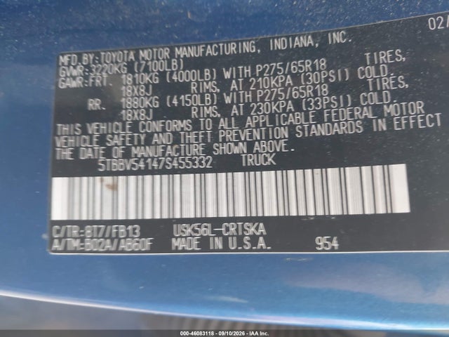 Aukcja sprzedaży 2007 Toyota Tundra Sr5 5.7l V8, vin: 5TBBV54147S455332, numer aukcji: 46083118