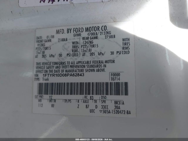 46083123 :رقم المزاد ، 1FTYR10D08PA62843 vin ، 2008 Ford Ranger Xl/xlt مزاد بيع