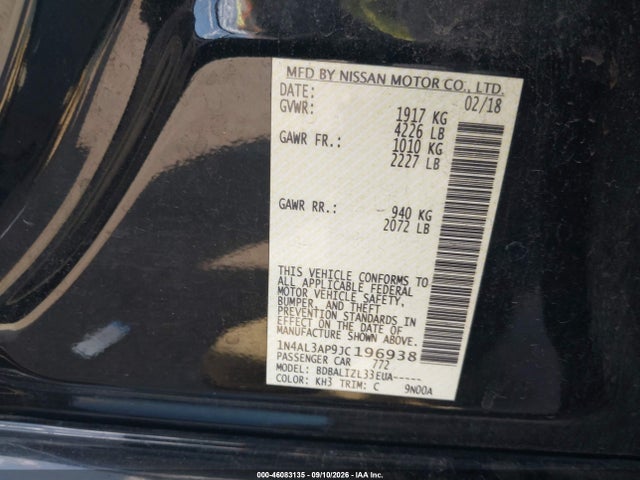 1N4AL3AP9JC196938 Nissan Altima 2.5 Sv