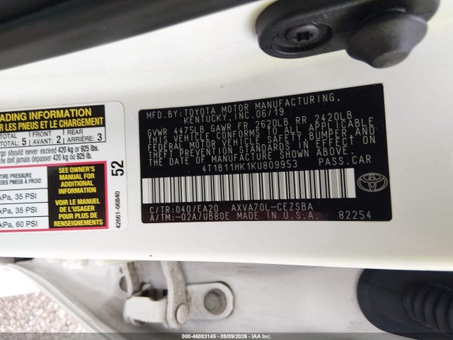 4T1B11HK1KU809953 Toyota CAMRY SE