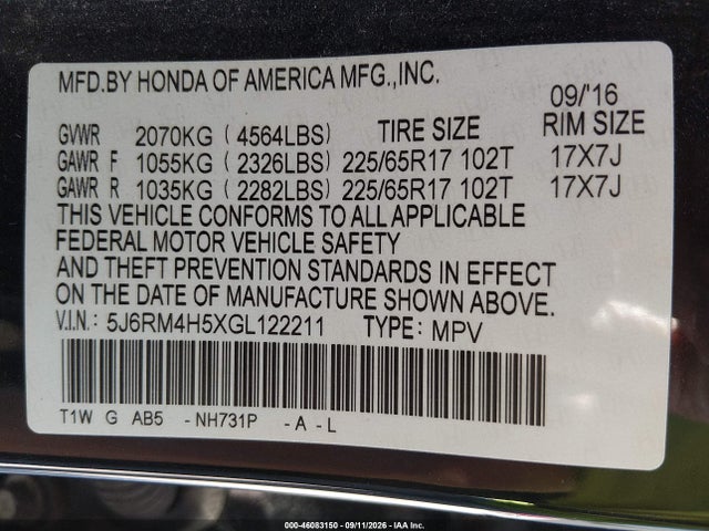 Продажа на аукционе авто 2016 Honda Cr-v Ex, vin: 5J6RM4H5XGL122211, номер лота: 46083150