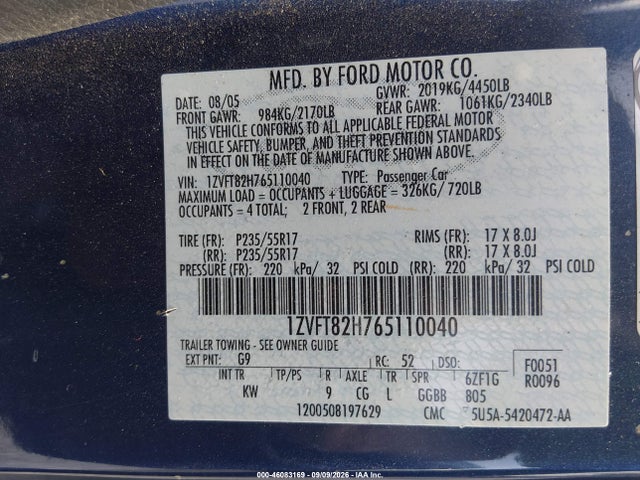Продажа на аукционе авто 2006 Ford Mustang Gt, vin: 1ZVFT82H765110040, номер лота: 46083169