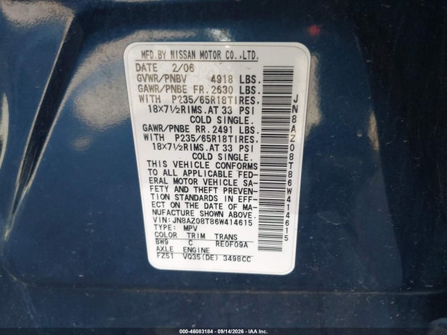 46083184 :رقم المزاد ، JN8AZ08T86W414615 vin ، 2006 Nissan Murano Sl مزاد بيع