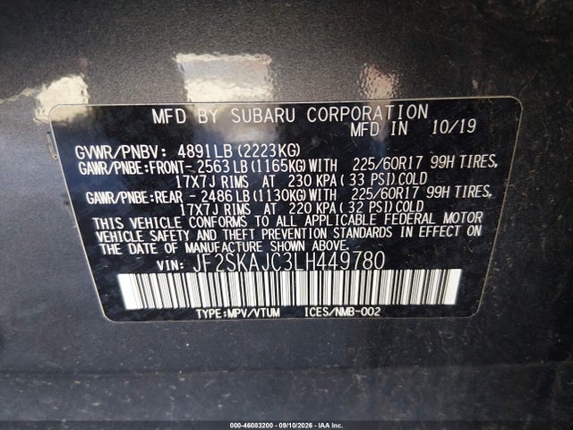 Продаж на аукціоні авто 2020 Subaru Forester Premium, vin: JF2SKAJC3LH449780, номер лоту: 46083200