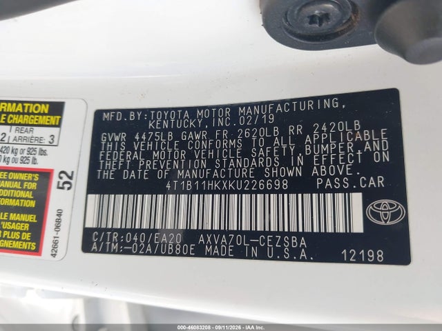 2019 Toyota Camry Se მანქანა იყიდება აუქციონზე, vin: 4T1B11HKXKU226698, აუქციონის ნომერი: 46083208