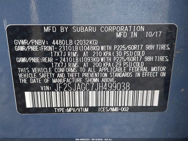 Aukcja sprzedaży 2018 Subaru Forester 2.5i Premium, vin: JF2SJAGC7JH499038, numer aukcji: 46083223