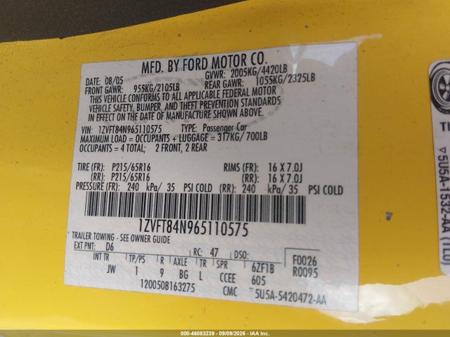 46083239 :رقم المزاد ، 1ZVFT84N965110575 vin ، 2006 Ford Mustang V6 مزاد بيع