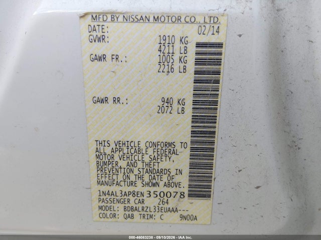 2014 Nissan Altima 2.5/2.5 S/2.5 Sl/2.5 Sv მანქანა იყიდება აუქციონზე, vin: 1N4AL3AP8EN350078, აუქციონის ნომერი: 46083238