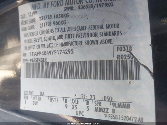 Aukcja sprzedaży 2000 Ford Mustang, vin: 1FAFP4049YF174292, numer aukcji: 46083253