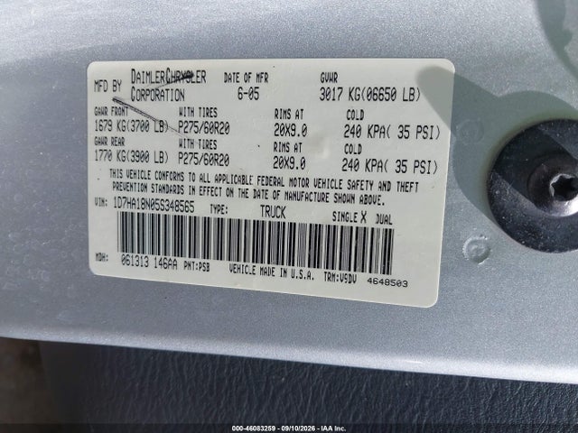 Aukcja sprzedaży 2005 Dodge Ram 1500 Slt/laramie, vin: 1D7HA18N05S348565, numer aukcji: 46083259
