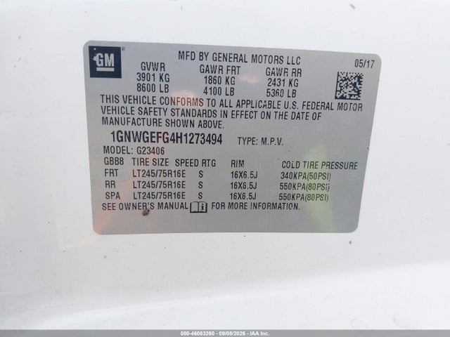Chevrolet Express 2500 Ls 2017 1GNWGEFG4H1273494 Image 9