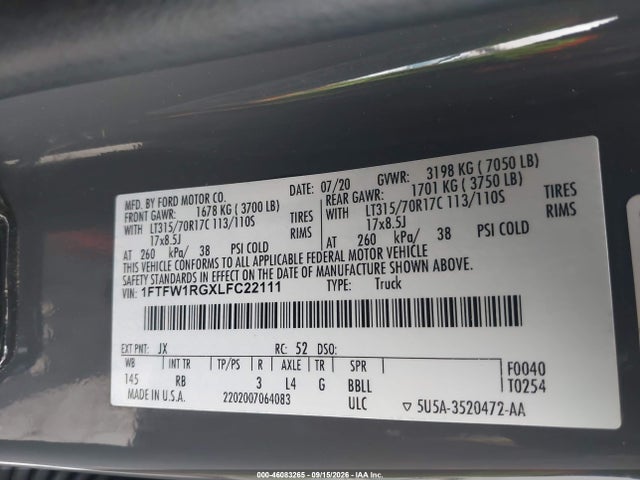 2020 Ford F-150 Raptor მანქანა იყიდება აუქციონზე, vin: 1FTFW1RGXLFC22111, აუქციონის ნომერი: 46083265