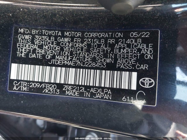 Продаж на аукціоні авто 2022 Toyota Corolla Le, vin: JTDEPMAE7NJ228453, номер лоту: 46083269