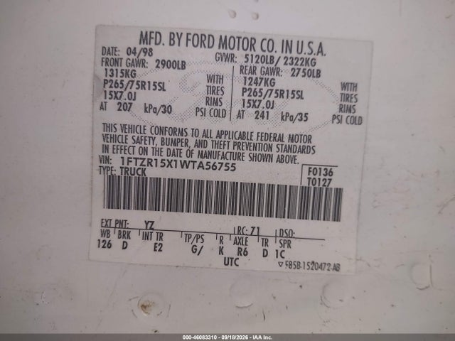 Продаж на аукціоні авто 1998 Ford Ranger Splash/xl/xlt, vin: 1FTZR15X1WTA56755, номер лоту: 46083310
