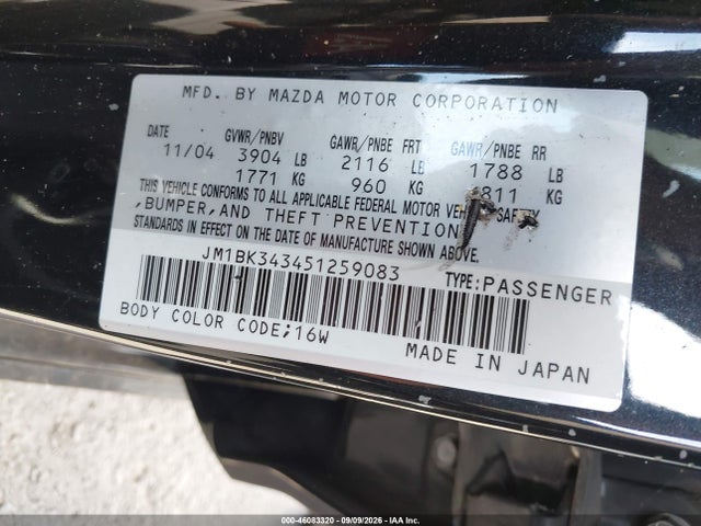 46083320 :رقم المزاد ، JM1BK343451259083 vin ، 2005 Mazda Mazda3 S مزاد بيع