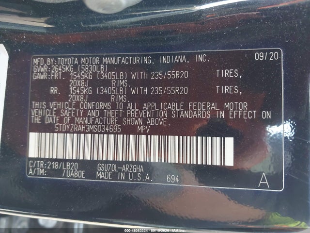 2021 Toyota Highlander Limited მანქანა იყიდება აუქციონზე, vin: 5TDYZRAH3MS034695, აუქციონის ნომერი: 46083324