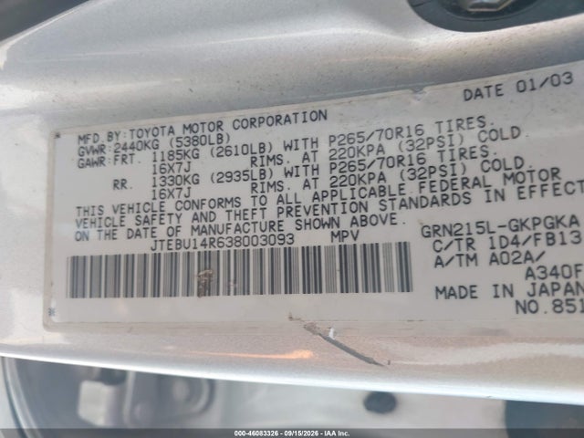 Продаж на аукціоні авто 2003 Toyota 4runner Sr5 Sport V6, vin: JTEBU14R638003093, номер лоту: 46083326