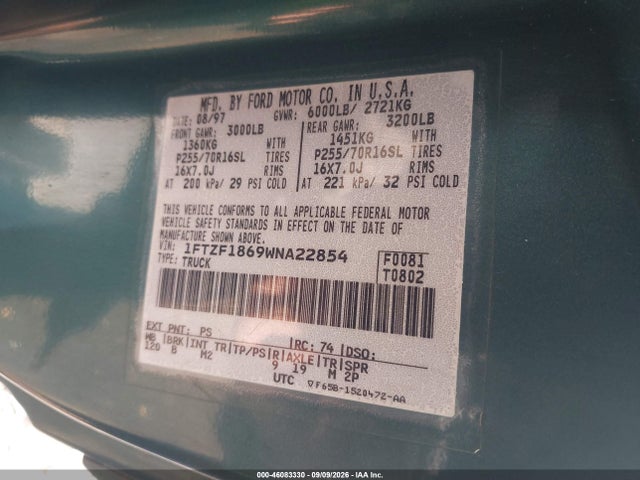 46083330 :رقم المزاد ، 1FTZF1869WNA22854 vin ، 1998 Ford F-150 Lariat/standard/xl/xlt مزاد بيع