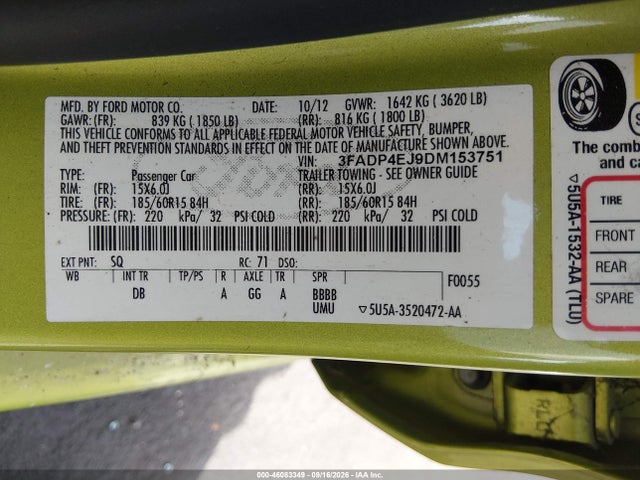 2013 Ford Fiesta Se მანქანა იყიდება აუქციონზე, vin: 3FADP4EJ9DM153751, აუქციონის ნომერი: 46083349