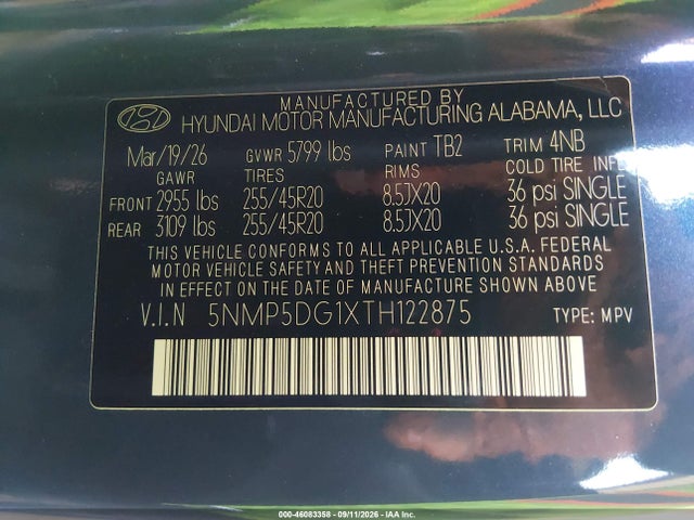 46083358 :رقم المزاد ، 5NMP5DG1XTH122875 vin ، 2026 Hyundai Santa Fe Hybrid Calligraphy مزاد بيع