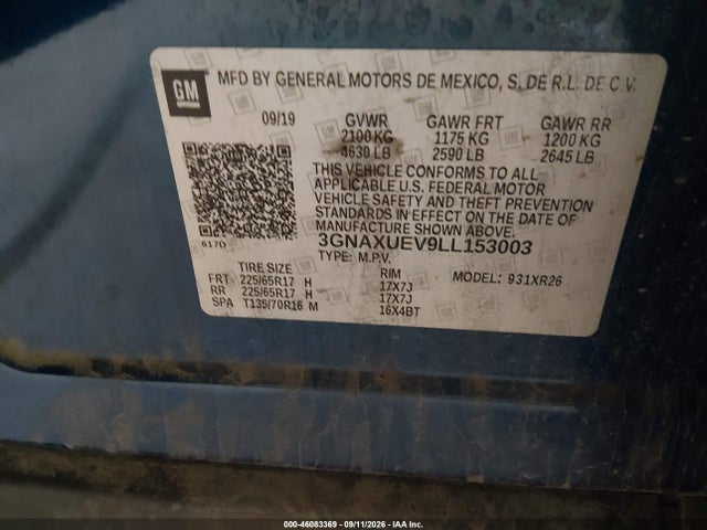 46083369 :رقم المزاد ، 3GNAXUEV9LL153003 vin ، 2020 Chevrolet Equinox Awd Lt 1.5l Turbo مزاد بيع