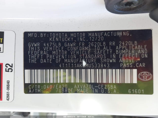 Продажа на аукционе авто 2021 Toyota Camry Se, vin: 4T1T11AK3MU533843, номер лота: 46083378