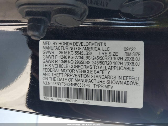 5FNYF5H34NB035193 Honda Pilot 2wd Sport