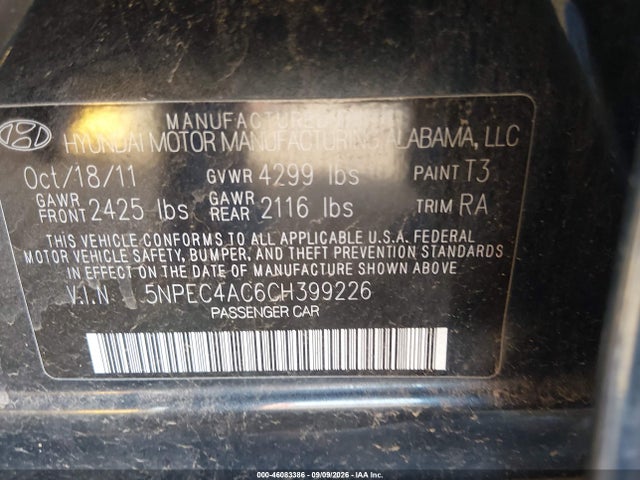 2012 Hyundai Sonata Limited მანქანა იყიდება აუქციონზე, vin: 5NPEC4AC6CH399226, აუქციონის ნომერი: 46083386