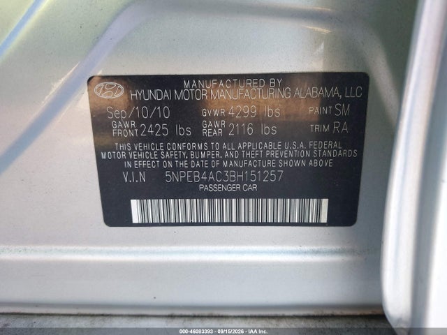 2011 Hyundai Sonata Gls მანქანა იყიდება აუქციონზე, vin: 5NPEB4AC3BH151257, აუქციონის ნომერი: 46083393