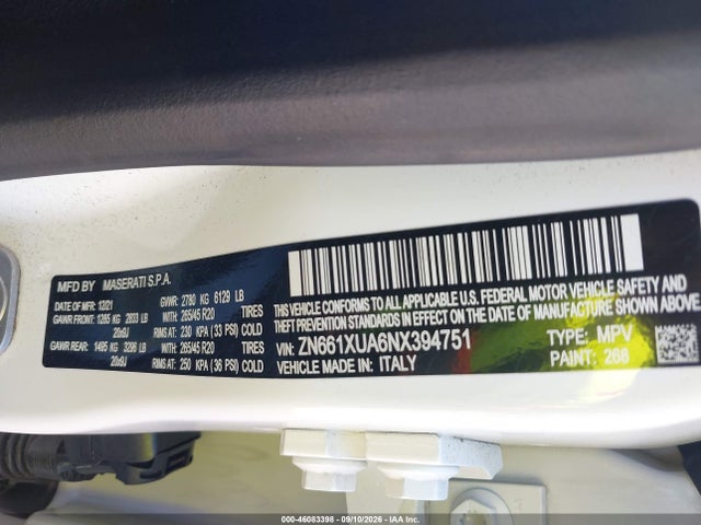 Продаж на аукціоні авто 2022 Maserati Levante Gt, vin: ZN661XUA6NX394751, номер лоту: 46083398