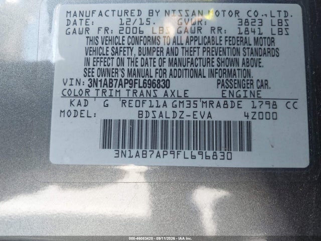 2015 Nissan Sentra Sv მანქანა იყიდება აუქციონზე, vin: 3N1AB7AP9FL696830, აუქციონის ნომერი: 46083420