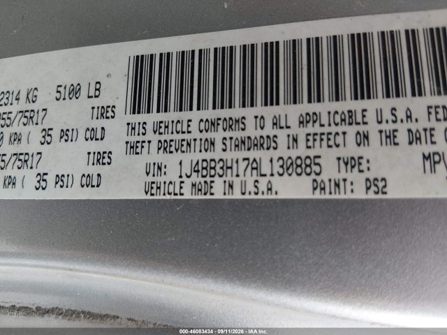 46083434 :رقم المزاد ، 1J4BB3H17AL130885 vin ، 2010 Jeep Wrangler Unlimited Sport مزاد بيع