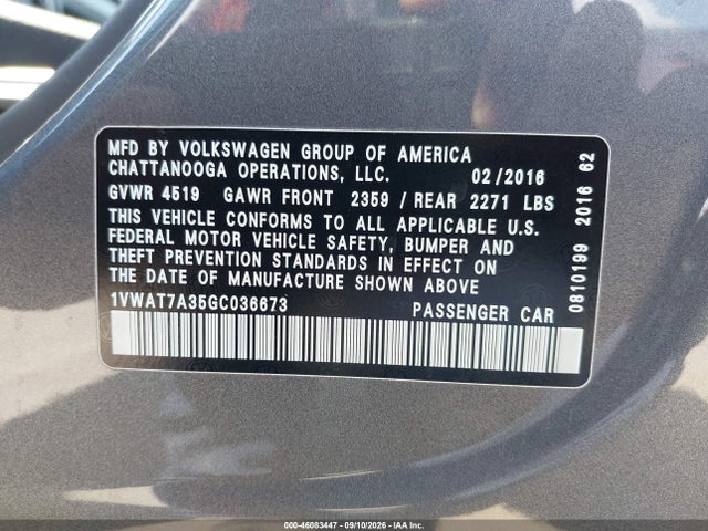 2016 Volkswagen Passat 1.8t S მანქანა იყიდება აუქციონზე, vin: 1VWAT7A35GC036673, აუქციონის ნომერი: 46083447