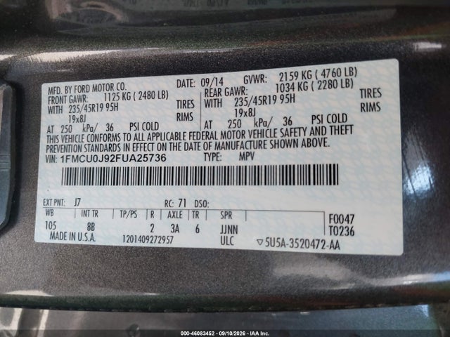 46083452 :رقم المزاد ، 1FMCU0J92FUA25736 vin ، 2015 Ford Escape Titanium مزاد بيع
