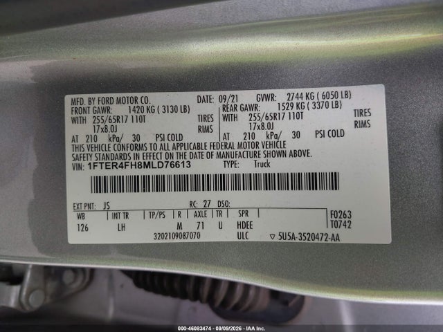 46083474 :رقم المزاد ، 1FTER4FH8MLD76613 vin ، 2021 Ford Ranger Xlt مزاد بيع